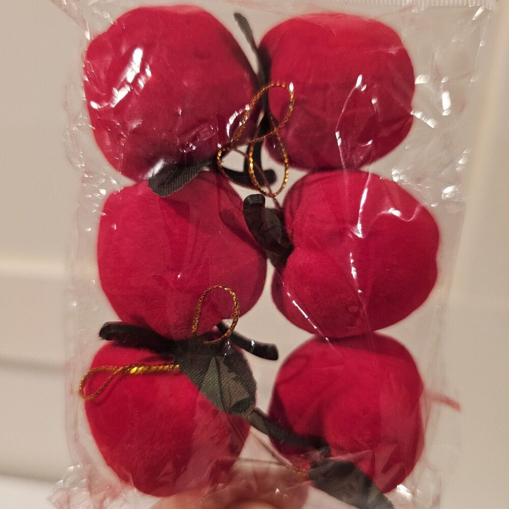 6 Vintage Ornaments Flocked Felt Red Apples Christmas Mid Century Cottage Core